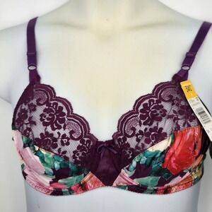 Vintage Maidenform Chantilly Underwire Lace Purple Floral Unpadded Bra 34C NEW